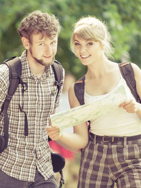 Hiking Backpacking Couple Reading Map On Trip Stock Photo Image Of