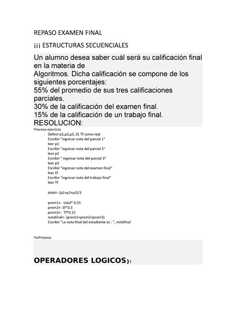 Repaso Examen Final Principop De Algoritmos Repaso Examen Final Estructuras Secuenciales