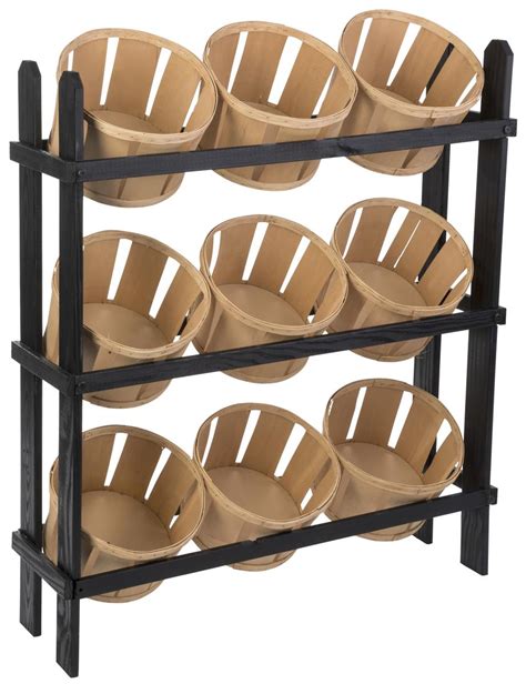 basket display stand 9 oak stain bins on black frame