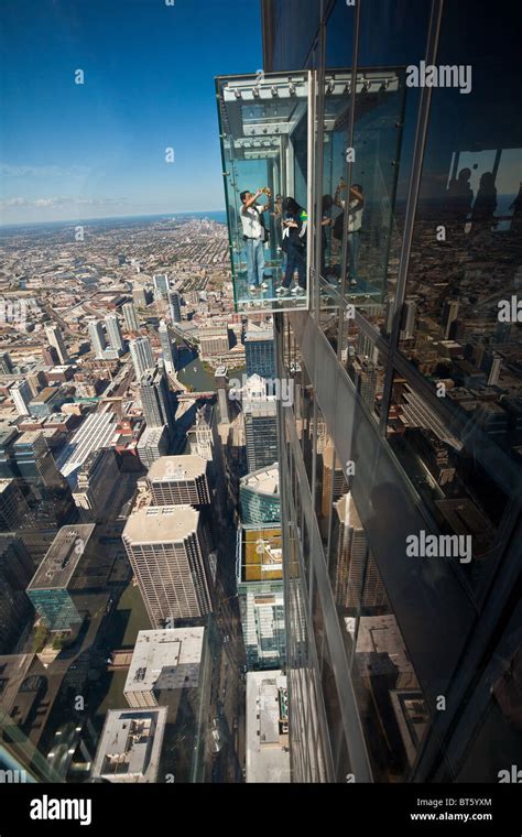 Tourists In Glass Balcony Skydeck Observation Deck View Chicago Skyline103rd Floor Of The Willis