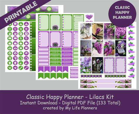 Lilacs Classic Happy Planner Printable Stickers Weekly Kit Planner