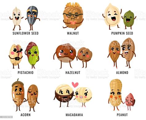 Cartoon Nuts Smiling Funny Characters With Faces Nut Pecan And Almond
