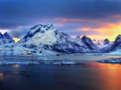 Norway Sunset Snowy Mountains Winter Landscape Hd Wallpaper Widescreen