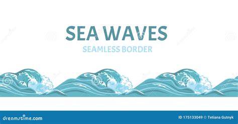 Sea Waves Seamless Pattern Border Vector Illustration Of Blue Ocean
