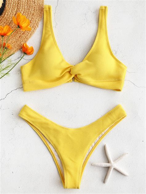 43 Off 2021 Low Rise Textured Twist Bikini Set In Yellow Zaful