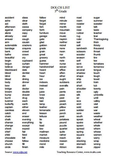 8th Grade Sight Words List 5th Grade Spelling Words L