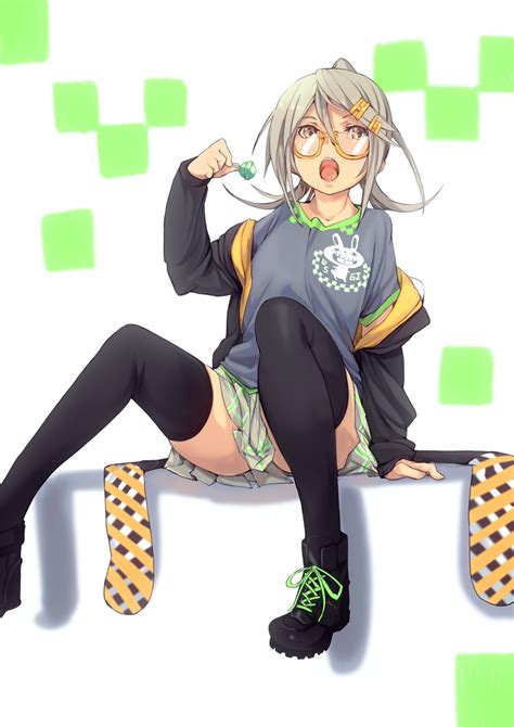 Fu Ta Usami Taiga Original 1girl Black Thighhighs Boots Candy Food Glasses Grey Hair