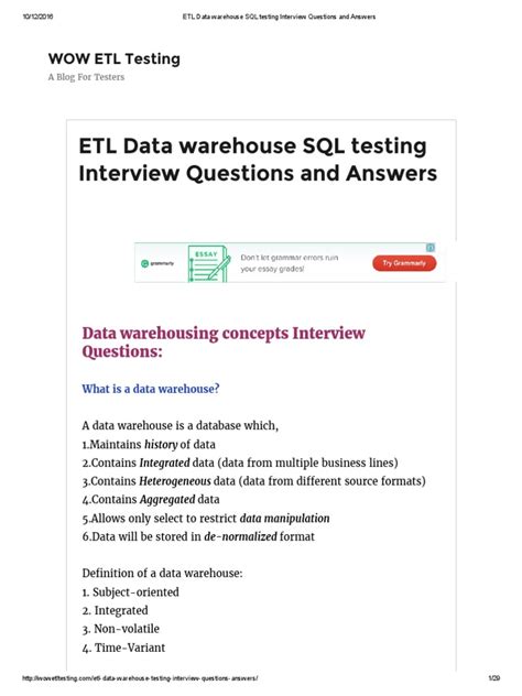 Data warehouse is a database which is separate from operational. ETL Data Warehouse SQL Testing Interview Questions and ...