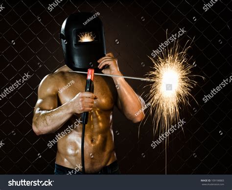 The Beauty Muscular Worker Welder Man Weld Electric Arc Weld On
