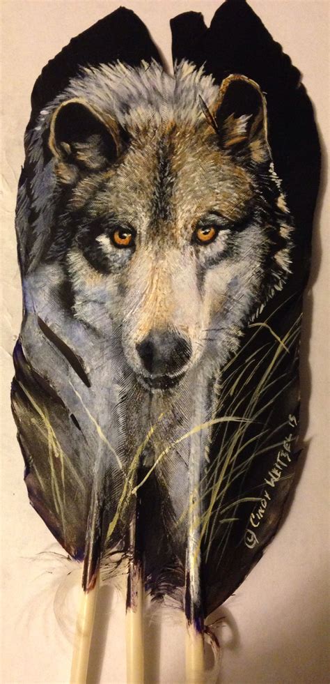 Wolf Hand Painted On Turkey Feathers Feather Art Feather Painting
