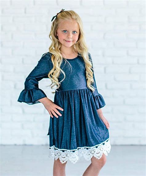 Navy Blue Denim Lace Trim Bell Sleeve Dress Toddler And Girls Ad