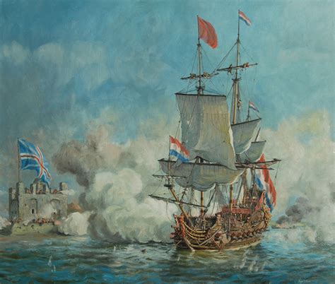 Dutch Warship Bombarding A British Fort Anglo Dutch War Maritime