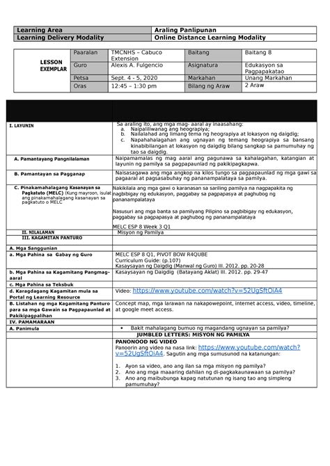 Esp8 Lesson Exemplar Learning Area Araling Panlipunan Learning Delivery Modality Online