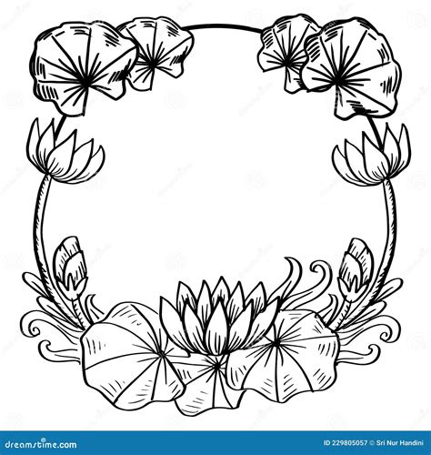Hand Drawing Of Monochrome Floral Frame With Lotus Flowers And Leaves