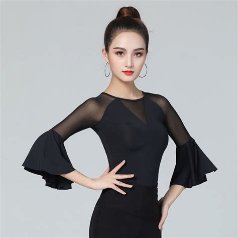 Womens Ballroom Latin Dance Black Tops Stage Performance Salsa Chacha Dance Shirts For Female