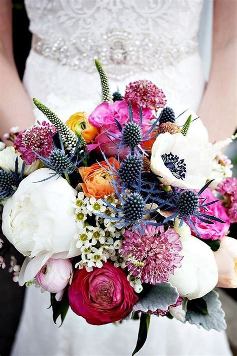 White Peonies And Blue Thistle Bouquet Wildflower Wedding Bouquet