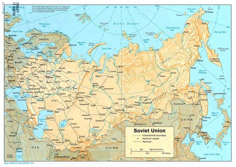 Large political map of Soviet Union with relief, railroads and major ...