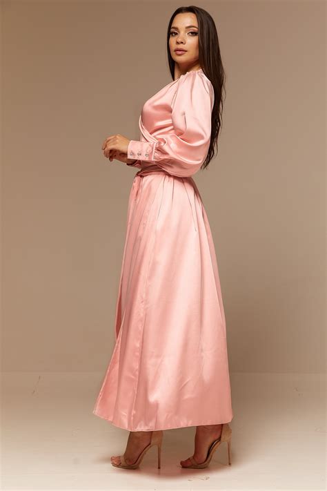 Pink Satin Maxi Full Wrap Dress With Long Sleeves Bridesmaid Etsy