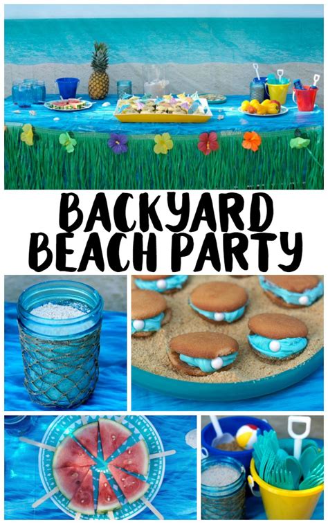 Arrangement of cane furniture with light blue, green and yellow canopies and for table decorations, use seashells, starfish, snorkel masks or sunglasses. Backyard Beach Party Ideas! - {Not Quite} Susie Homemaker