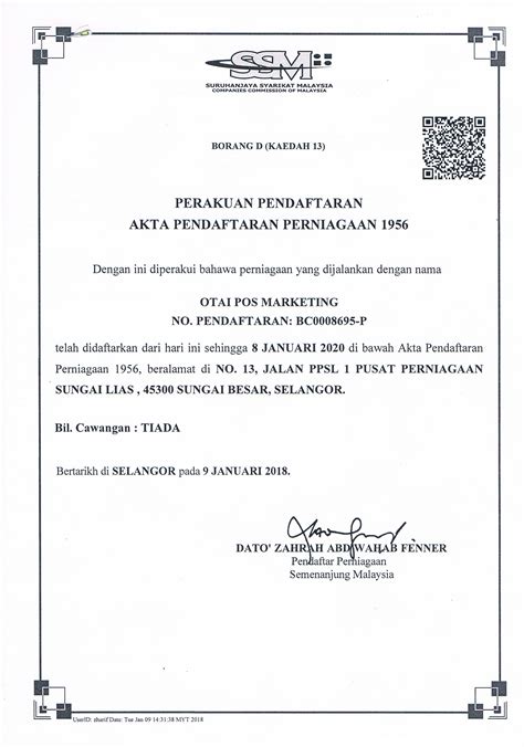 Pembaharuan lesen ssm dapat dijalankan secara online dan sijil perakuan pendaftaran ssm akan dihantar ke email anda dalam tempoh 24 jam sahaja. Sijil Perakuan Pendaftaran Perniagaan Borang D