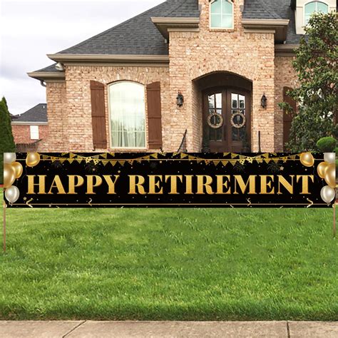 ANATANOWOR Large Happy Retirement Decoration Banner Black And Gold