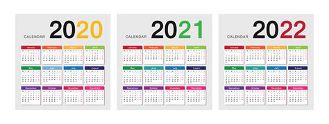 Year 2020 And Year 2021 And Year 2022 Calendar Vector Design Template