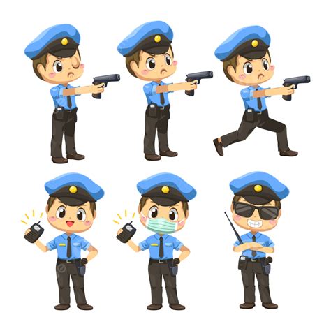 Gambar Set Pria Dengan Seragam Polisi Dalam Karakter Kartun Keamanan Menjaga Polisi Png Dan