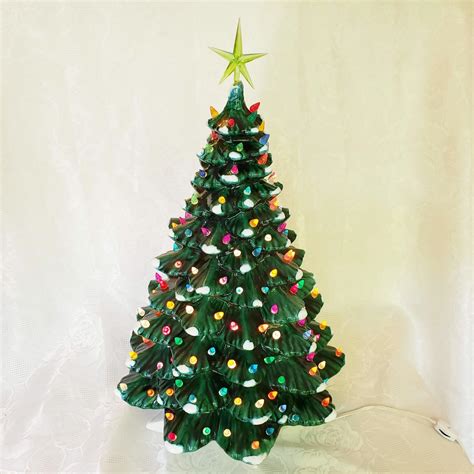 Vintage Large Ceramic Green Flocked Light Up Christmas Tree Aunt Gladys