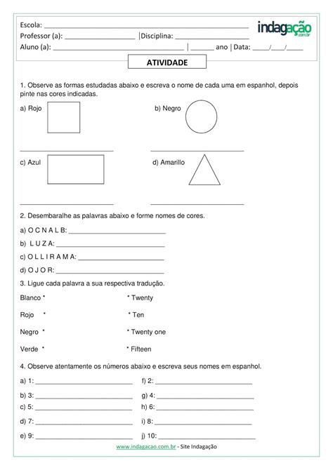 Atividade De Espanhol Sobre Cores Formas Geométricas E Números Em