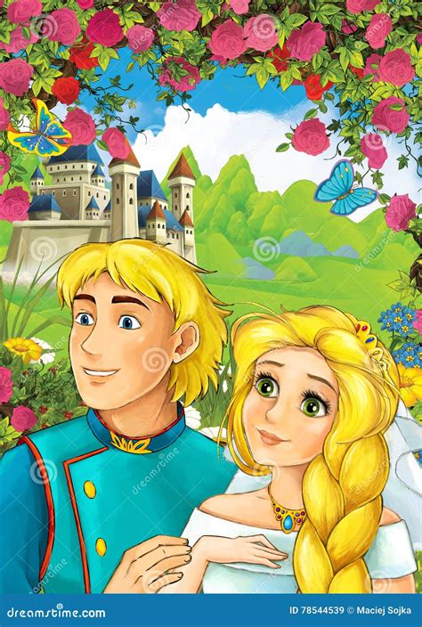 Cartoon Scene Of Loving Couple Prince And Princess Castle In The