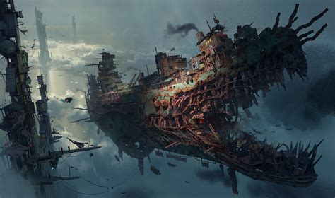 Chenxi Kang Tower Horror Ship Clouds Digital Art Battleships