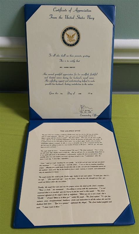 Usn Certificate Of Appreciation Sailor Retirement Navy Wife Award Ebay