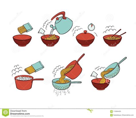 This quick and easy technique might be a great solution if you need to cook just a couple of portions, say, for a kid or just how to cook pasta: Instant Noodle And Pasta Cooking Instructions Stock Vector ...