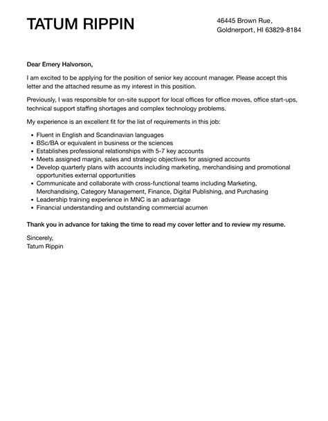 Senior Key Account Manager Cover Letter Velvet Jobs