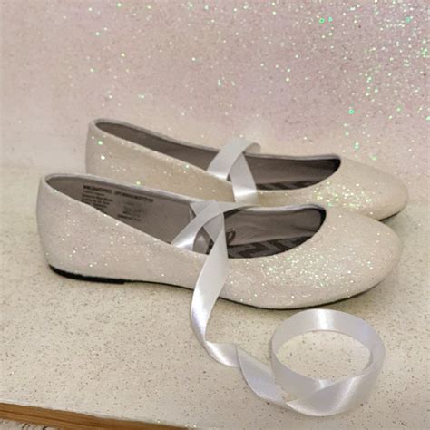Sparkly White Or Ivory Glitter Ballet Flats Shoes Ribbon Bow Ballerina