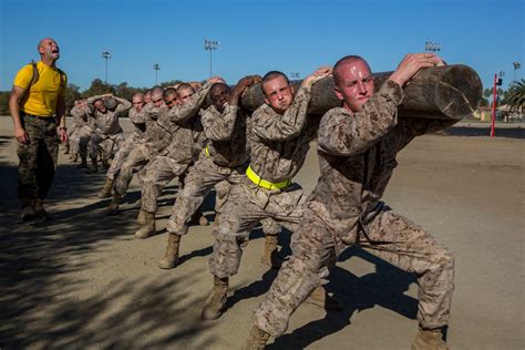 recruits with hotel company 2nd recruit training battalion carry logs during a log drill