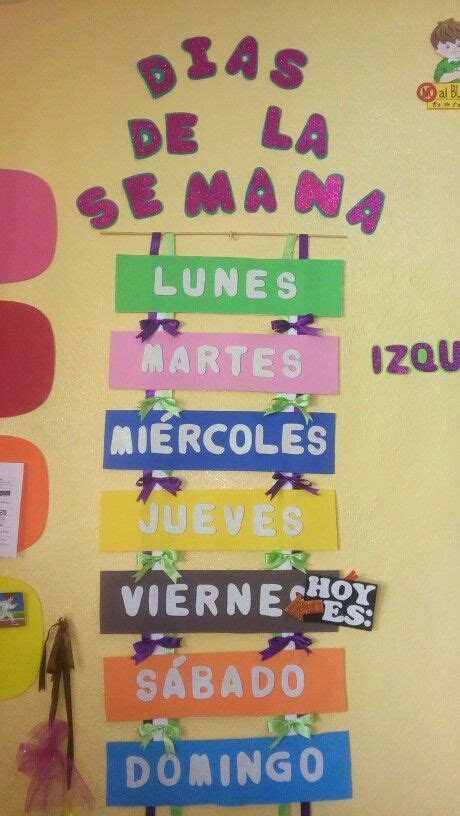 A Bulletin Board With Spanish Words And Pictures On The Wall In Front