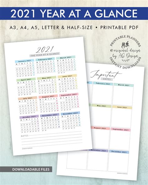 2021 Calendar Printables Year At A Glance And Dates Yearly Agenda