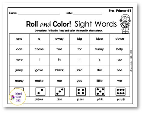 Sight Words Roll It Activities Set 1 Pre Primer And Primer Pre