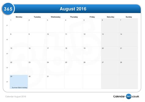 Calendar August 2016