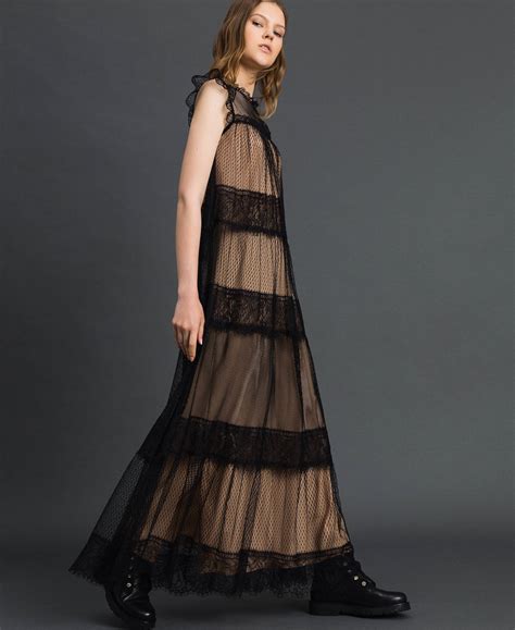 Long Dress With Tulle Lace And Plumetis Patch