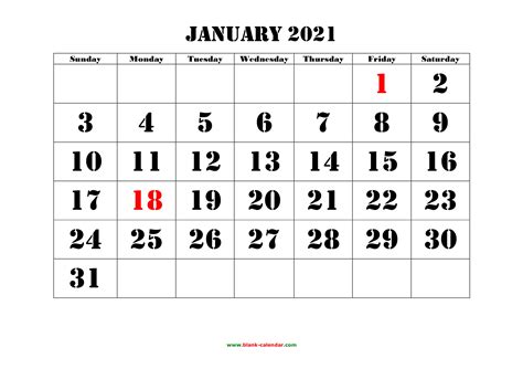 January 2021 Printable Calendar Free Download Monthly