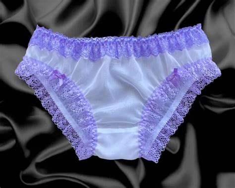 White Lilac Sissy Sheer Nylon Frilly Satin Bow Brief Panties Knickers