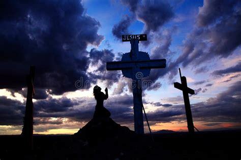 Woman Praying At Cross In Sunset Stock Image Image Of Hill
