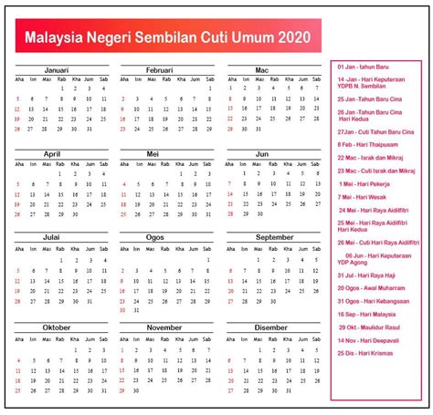 Negeri Sembilan Cuti Umum Kalendar 2020 ️