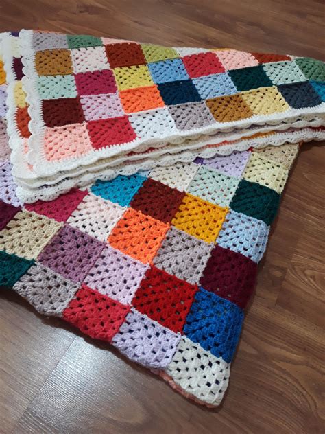 Crochet Afghan Colorful Patchwork Baby Blanket Boho Rainbow Granny