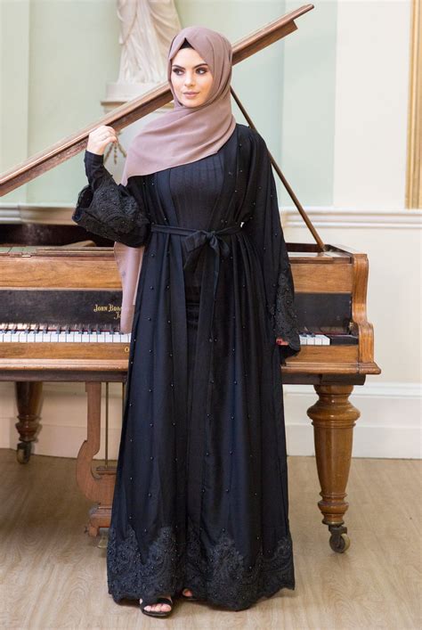 Black Pearl Lace Abaya Sexy Satin Dress Black Abaya Abaya