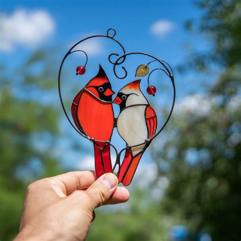 Pair Of Red Cardinals Stained Glass Suncatcher