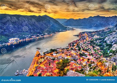 Sunset Above The Town And The Bay Of Kotor In Montenegro Stock Photo