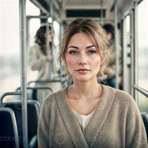 Beautiful Woman Standing Inside Public Bus Transport Generative Ai